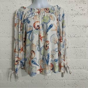 Chaps Womens Top XL White Seashells Off Shoulder 3/4 Tie Sleeve Cotton Modal AV